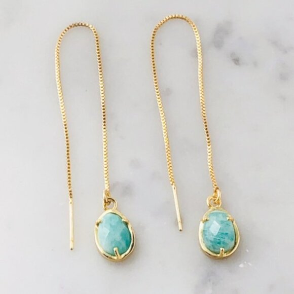 Gold Plated Green Amazonite Egg Shape Threader Earrings - Picture 3 of 7